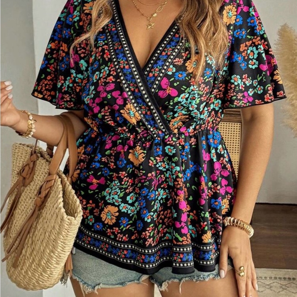 Floral V-Neck Peplum Top in Black with Multicolor Print